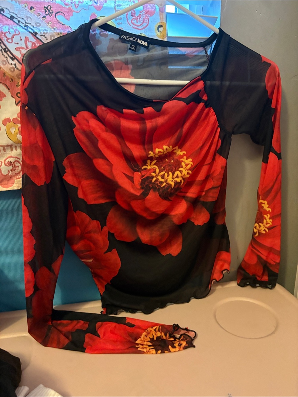 Fashion Nova Black Sheer Long-Sleeve Top with Red Floral Print